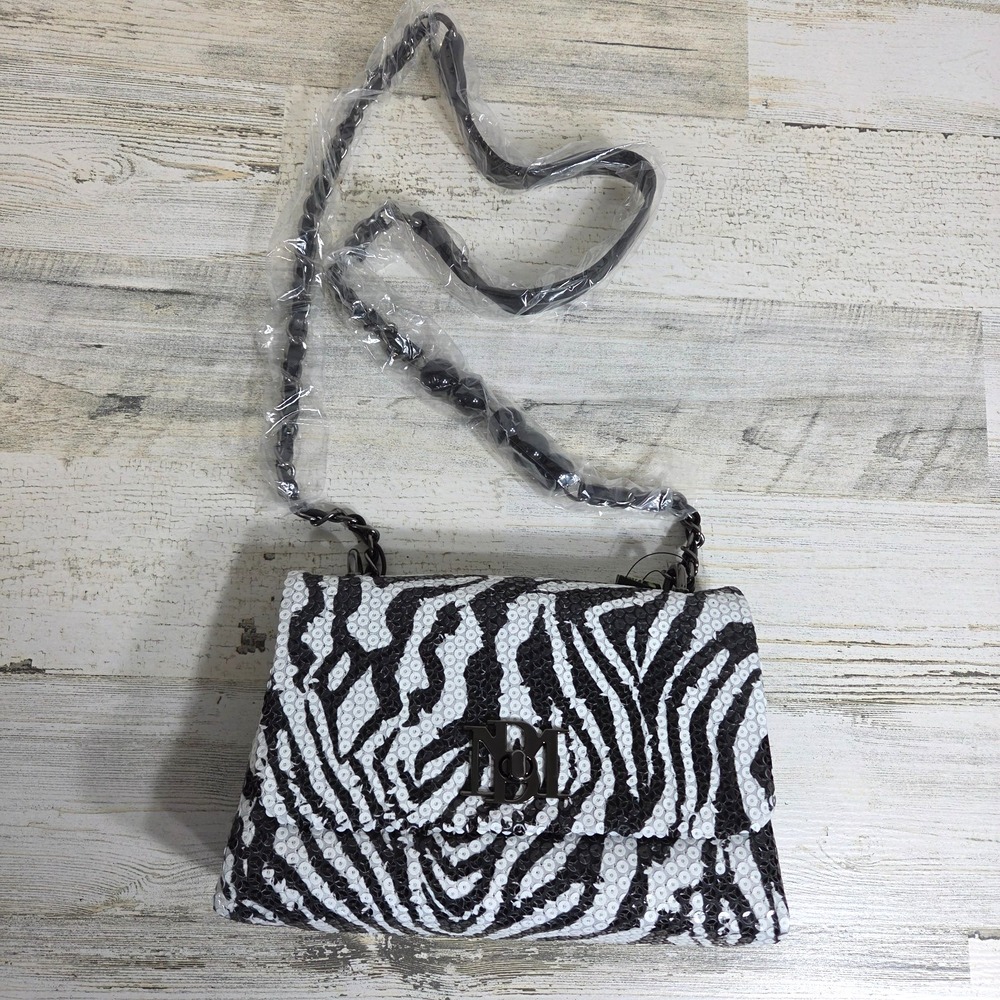 Badgley Mischka Zebra Crossbodybag Sequin Black White Vegan Leather NWT - Picture 1 of 13